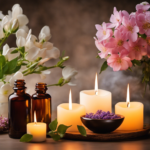 An image showcasing a serene setting with soft candlelight, a beautiful arrangement of aromatic flowers, and diffusers releasing fragrant essential oils