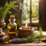 An image showcasing a serene, rustic scene with a wooden table adorned with a bottle of Nature's Truth Aromatherapy Cedarwood essential oil