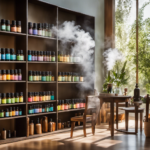 An image featuring a serene, sunlit room with shelves adorned with colorful bottles of essential oils, diffusers emitting delicate plumes of aromatic mist, and a group of students engrossed in a hands-on aromatherapy workshop