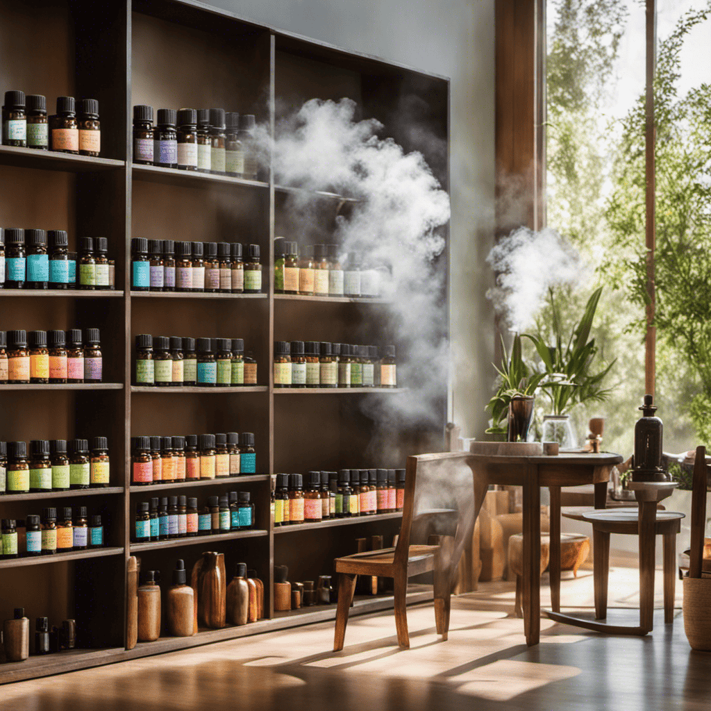An image featuring a serene, sunlit room with shelves adorned with colorful bottles of essential oils, diffusers emitting delicate plumes of aromatic mist, and a group of students engrossed in a hands-on aromatherapy workshop