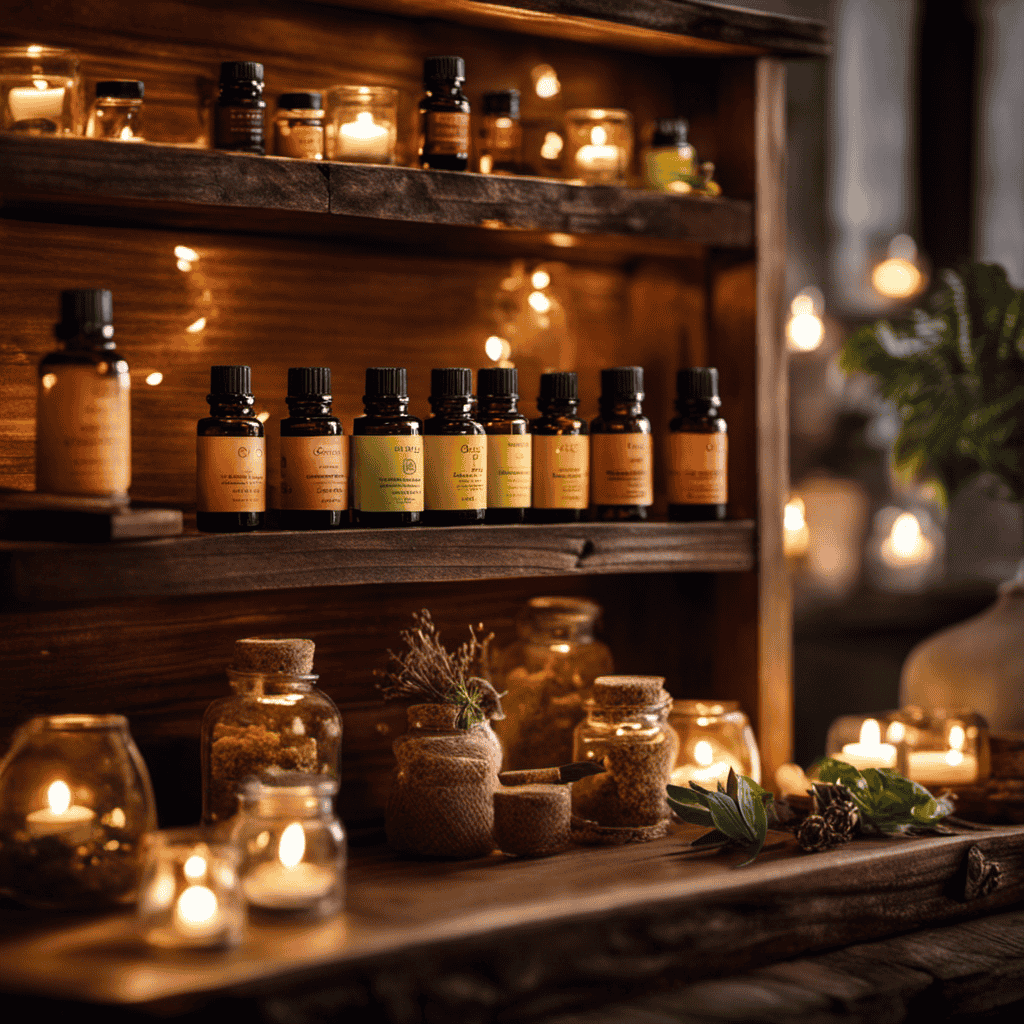 An image that showcases an assortment of aromatic essential oils, displayed on a rustic wooden shelf, surrounded by soft diffused lights, casting gentle shadows and evoking a serene ambiance