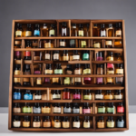 An image featuring a beautifully arranged wooden storage box, filled with vibrant glass bottles of various sizes, each filled with aromatic essential oils
