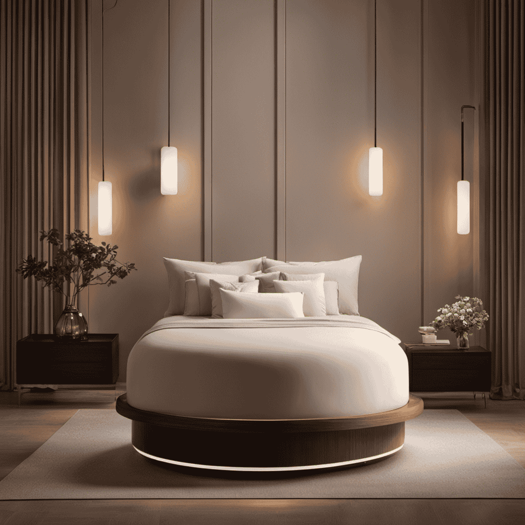 An image showcasing a serene bedroom scene with a diffuser dispersing aromatic mist, casting a gentle glow, while a person relaxes on a lush bed, enveloped in a comforting cloud of fragrant essential oils