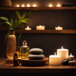 An image showcasing a serene, dimly lit spa room with a wooden shelf adorned with various essential oil bottles, diffusers, and a tranquil stone fountain