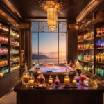 An image featuring two distinct scenes: a serene spa with soft lighting and essential oils diffusing in the air on one side, while on the other side, a vibrant perfume shop filled with colorful bottles and luxurious scents