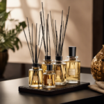 An image that showcases three distinct elements: a delicate glass bottle emitting an alluring scent, a smoldering incense stick engulfed in swirling smoke, and a tranquil room adorned with calming essential oils