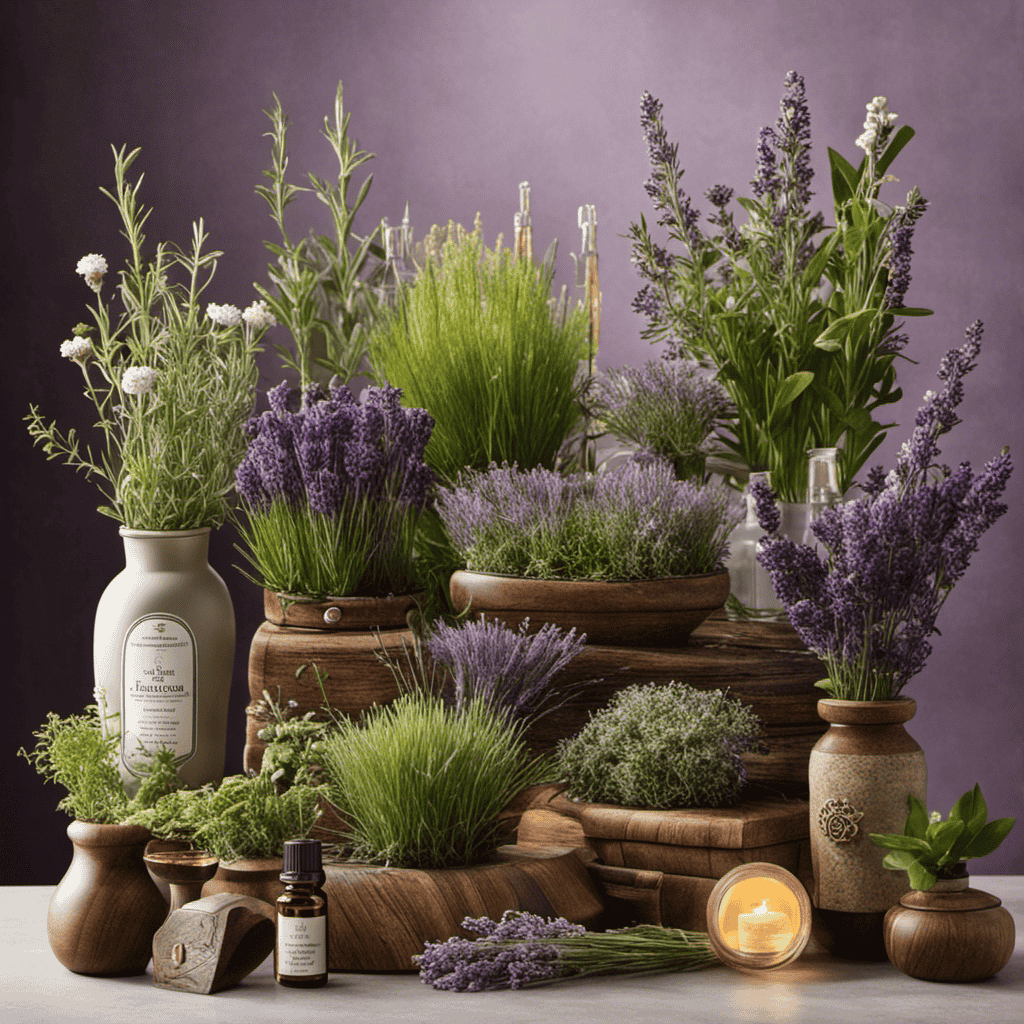 An image that showcases a lush herb garden with aromatic plants like lavender, rosemary, and chamomile, juxtaposed with an assortment of essential oils and diffusers, highlighting the contrasting practices of herbology and aromatherapy