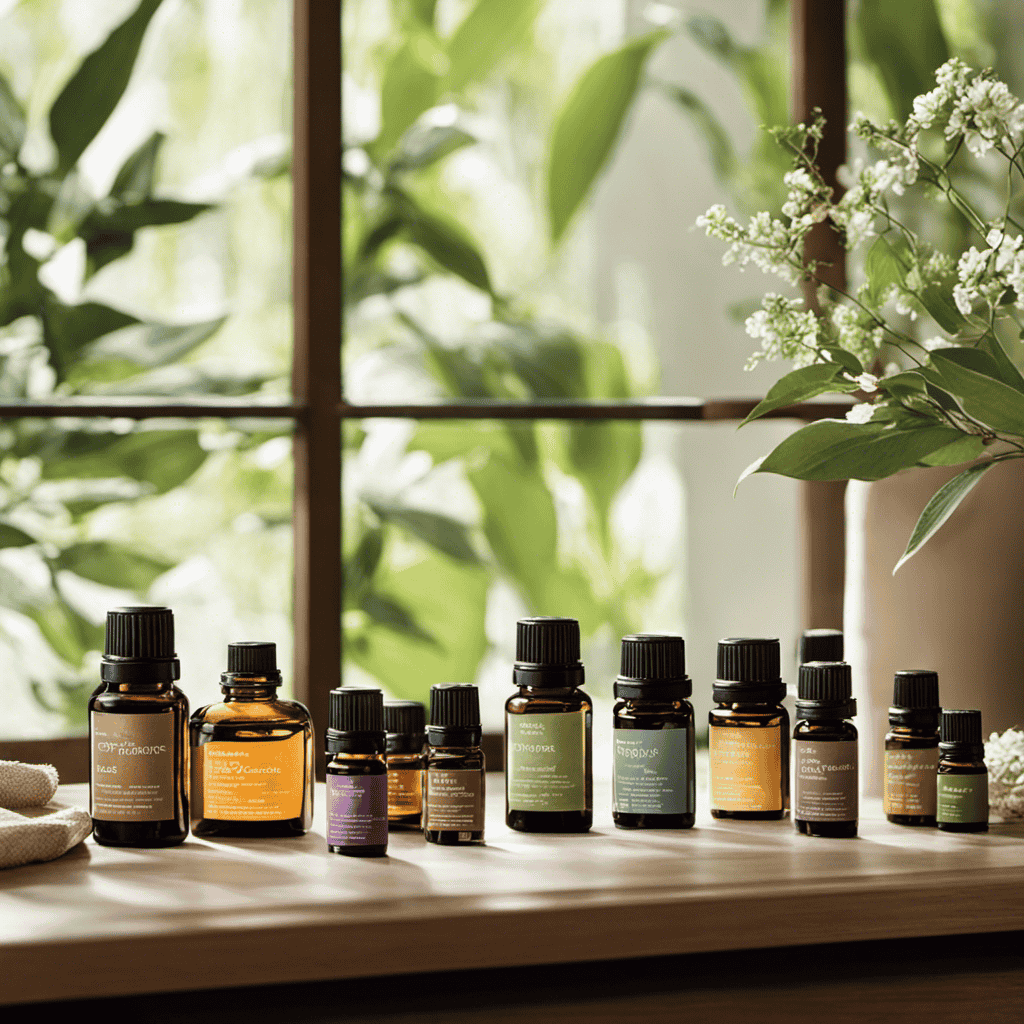 An image showcasing a serene setting, with soft natural light streaming through a window, illuminating a beautifully arranged display of aromatic essential oils and diffusers