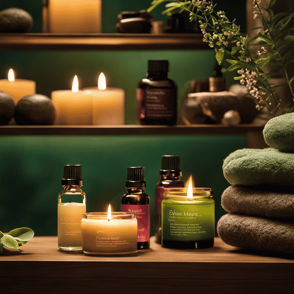 An image showcasing a serene spa setting, with soft lighting illuminating shelves filled with various essential oils, diffusers dispersing fragrant mist, and a tranquil face enjoying the calming effects of aromatherapy