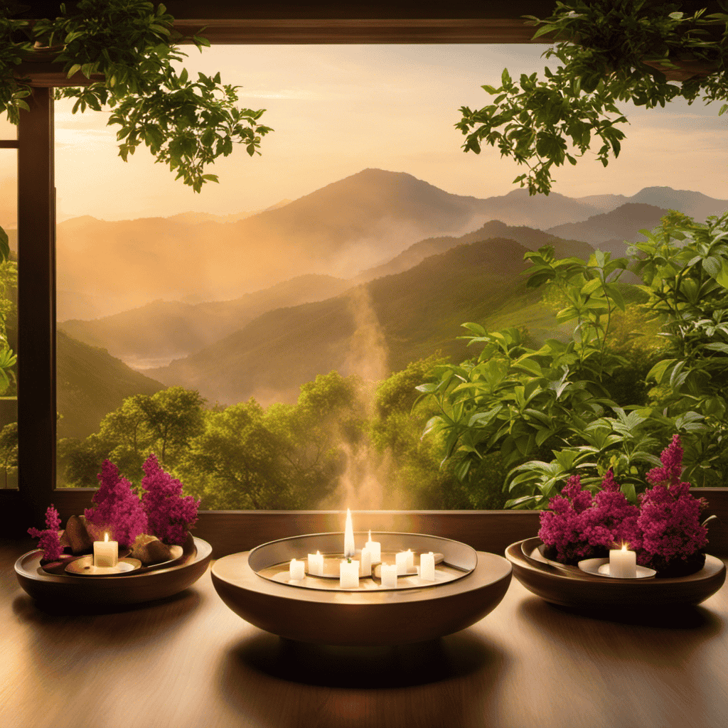 An image that showcases a serene setting with diffusers emitting aromatic vapors, as rays of healing energy flow through them and envelop a variety of individuals, symbolizing the diverse range of diseases aromatherapy can potentially address