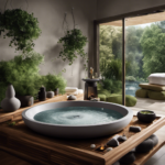 An image depicting a serene spa-like setting with a shallow basin filled with steaming water infused with eucalyptus, peppermint, and lavender essential oils