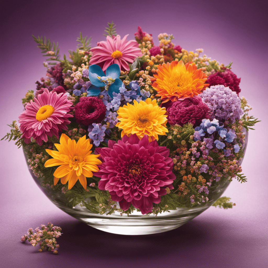 An image showcasing an ethereal blend of colorful aromatic flowers and plants, gently releasing their soothing scents