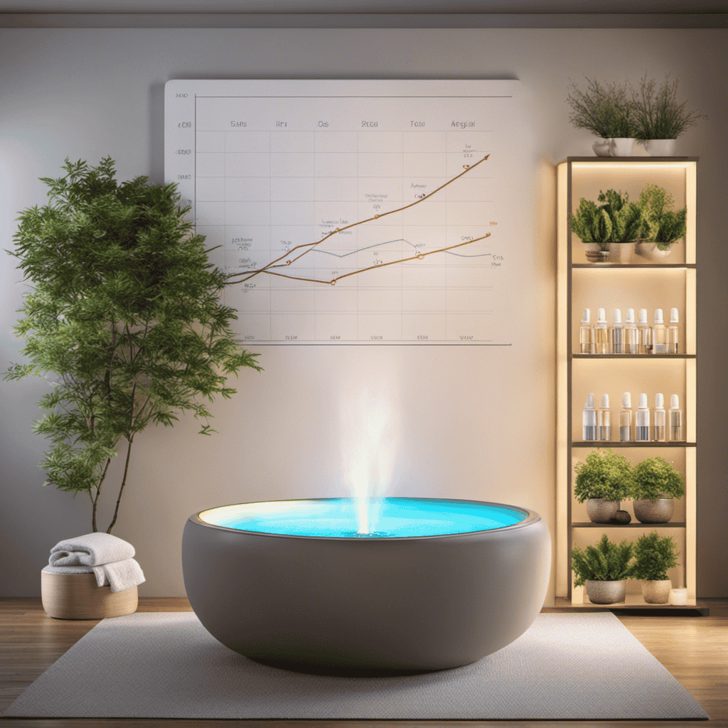 An image showing a serene spa-like setting with shelves filled with aromatic essential oils, diffusers emitting fragrant mists, and a sales chart graph in the background projecting an upward trend for the aromatherapy market