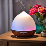 An image showcasing a sleek, modern ultrasonic aroma diffuser releasing a delicate mist of scented vapor, surrounded by vibrant, soothing colors