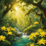 An image depicting a serene setting with soft rays of sunlight filtering through lush ylang-ylang trees, their vibrant yellow flowers exuding a heavenly fragrance