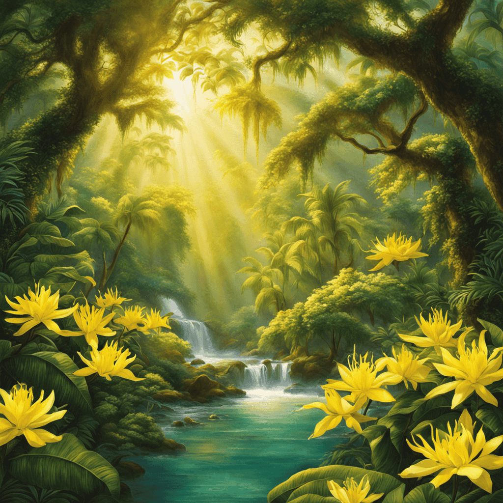 An image depicting a serene setting with soft rays of sunlight filtering through lush ylang-ylang trees, their vibrant yellow flowers exuding a heavenly fragrance