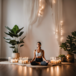 An image showcasing a serene yoga studio with softly lit candles and a person meditating in a lotus position