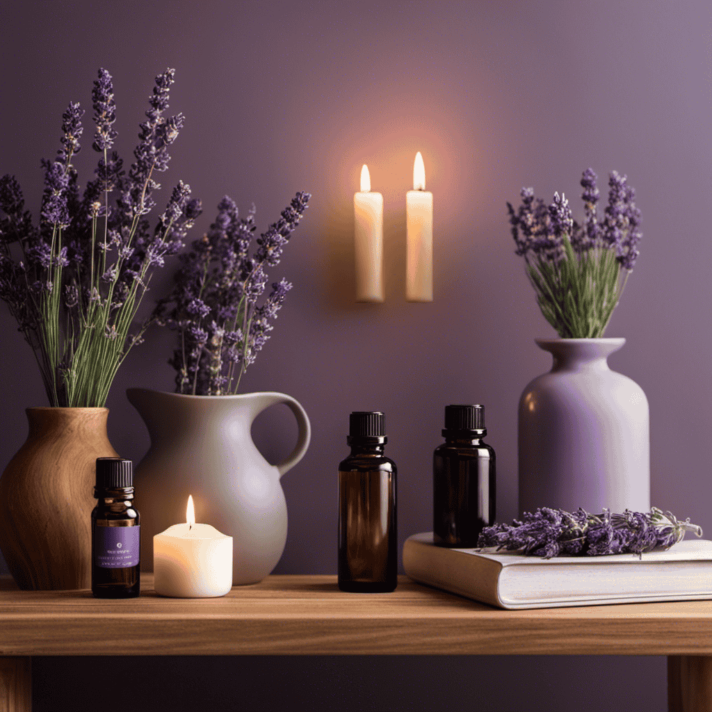 An image showcasing a serene scene of a minimalist workspace, with a softly lit room adorned with lavender-scented candles, a tranquil water fountain, and an assortment of essential oils neatly arranged on a wooden shelf