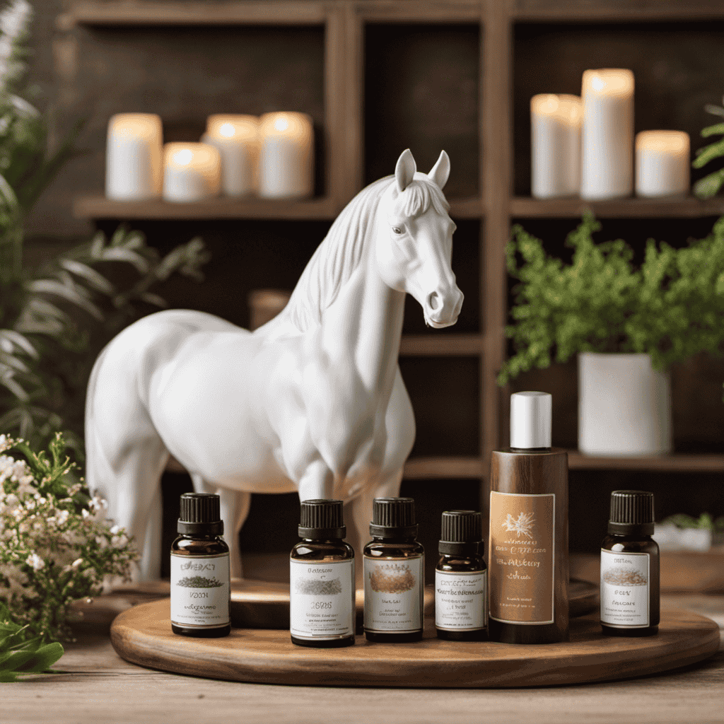An image showcasing a serene setting, where a certified animal aromatherapist is seen delicately massaging a relaxed horse, surrounded by shelves stacked with essential oils, diffusers, and calming botanical ingredients