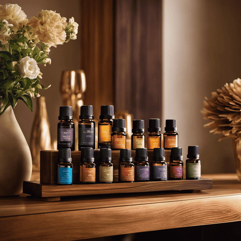 An image showcasing a variety of aromatic essential oils, neatly arranged on a wooden shelf beside an elegant ultrasonic diffuser