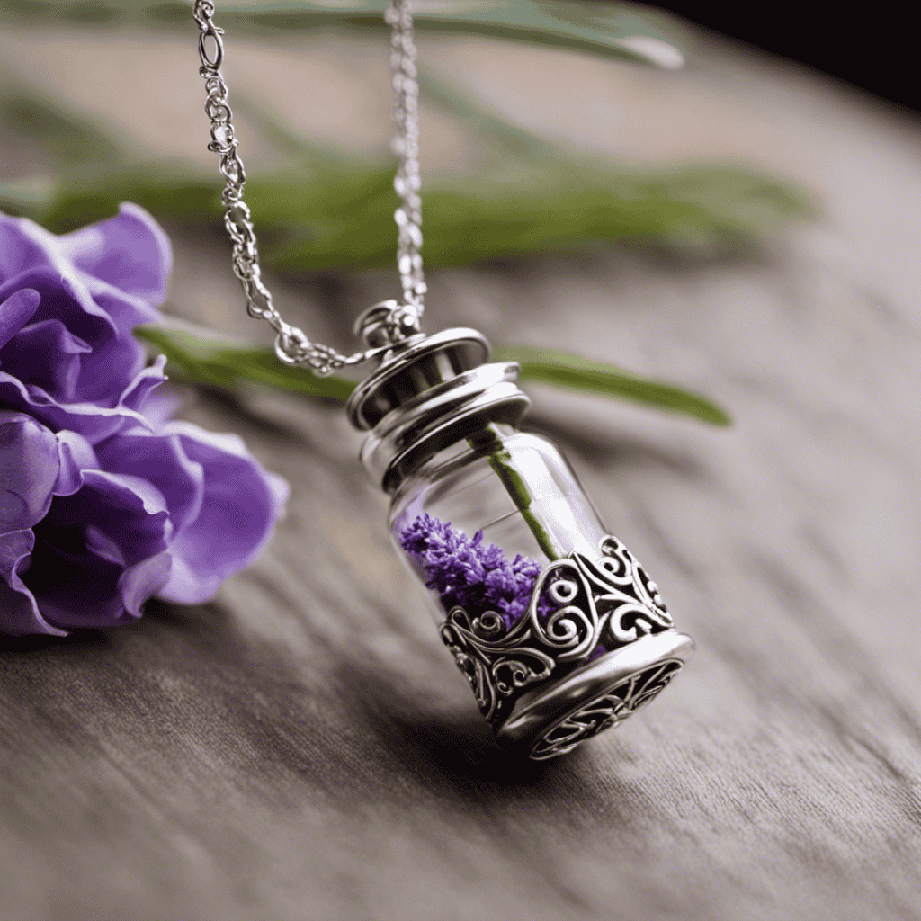 An image showcasing a delicate, silver aromatherapy necklace adorned with a petite glass vial