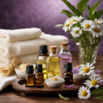 An image showcasing a serene spa setting, with a soft-lit room adorned by a tray of essential oil bottles