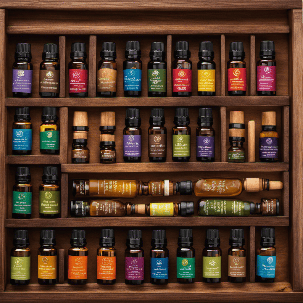 An image showcasing an elegant wooden tray with an assortment of vibrant essential oil bottles