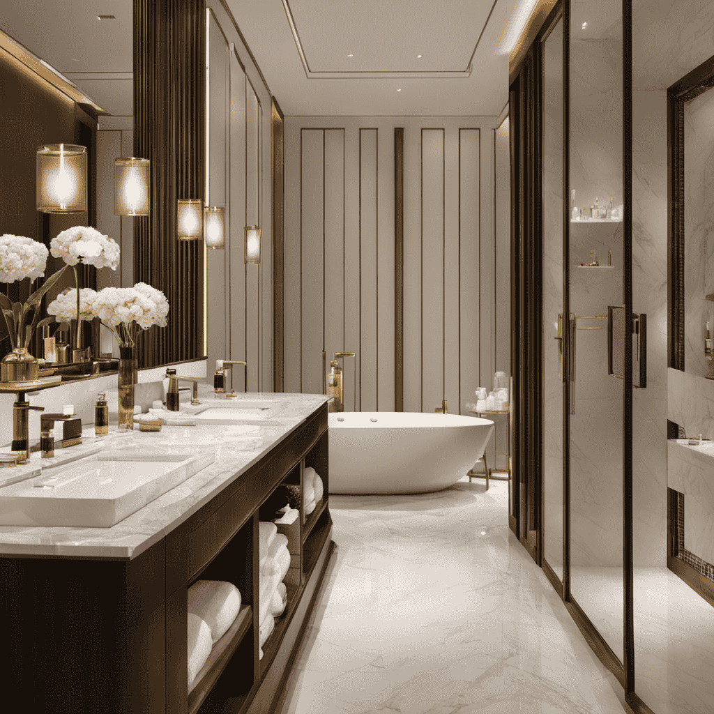 An image showcasing a luxurious bathroom in a Marriott Hotel, featuring a sleek white marble countertop adorned with Aromatherapy Associates shampoo bottles, their elegant labels reflecting soft ambient lighting