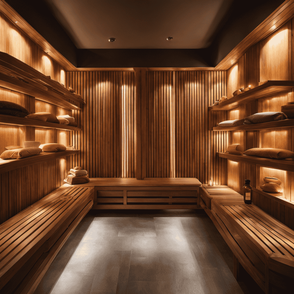 An image showcasing Ny Racquet Club NYC's aromatherapy sauna: A serene, dimly lit space with elegant, wooden benches surrounded by shelves adorned with glass jars filled with vibrant essential oils, casting a soft, colorful glow