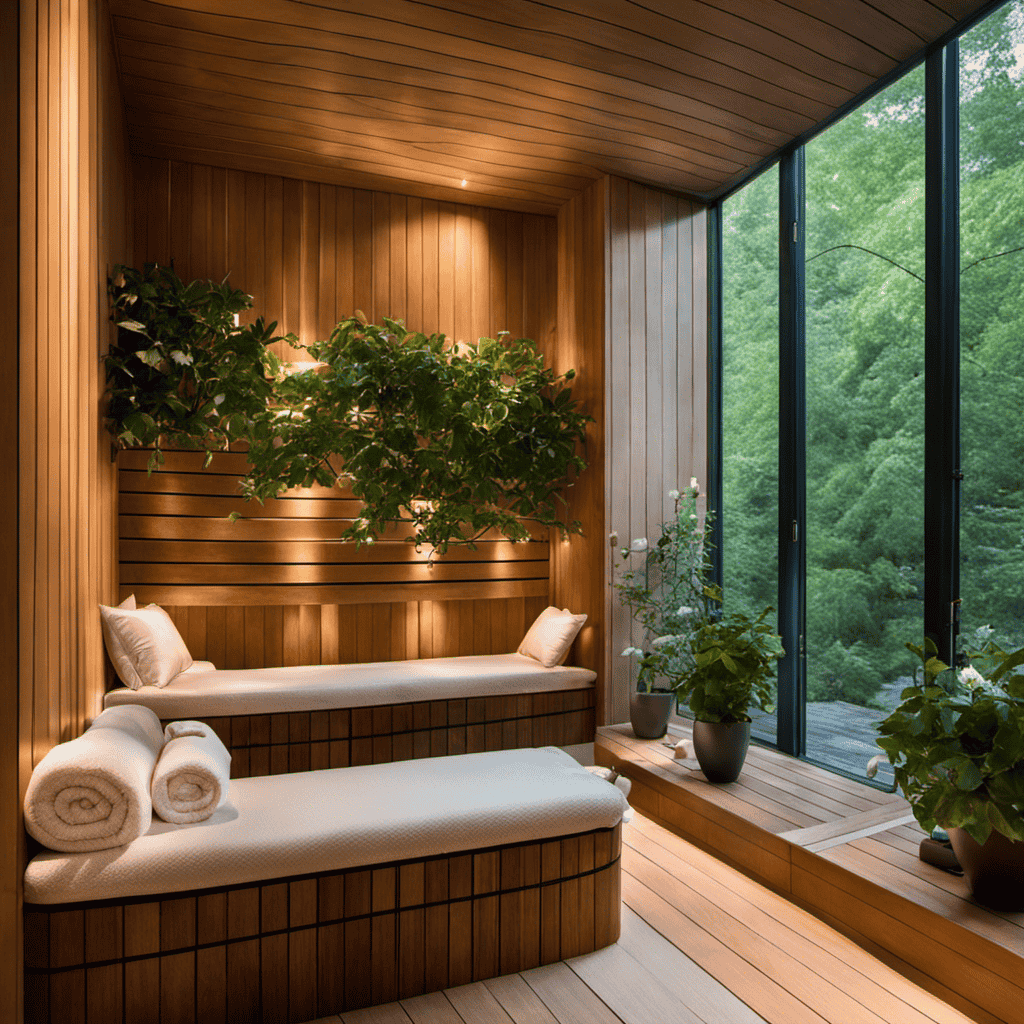 An image showcasing the Ny Racquet Club NYC's aromatherapy sauna: rays of soft golden light filtering through eucalyptus-scented steam, lush green plants surrounding a serene space, and a hint of lavender mist lingering in the air