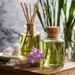 An image capturing a serene setting with a glass jar filled with fragrant essential oils, surrounded by slender reeds immersed in the liquid, gently diffusing their calming aroma into the air