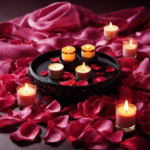 An image featuring a dimly lit bedroom, adorned with rose petals and flickering candles