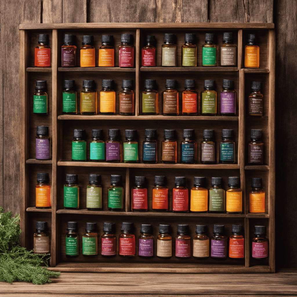 An image showcasing an array of scented oils, neatly arranged on a rustic wooden shelf