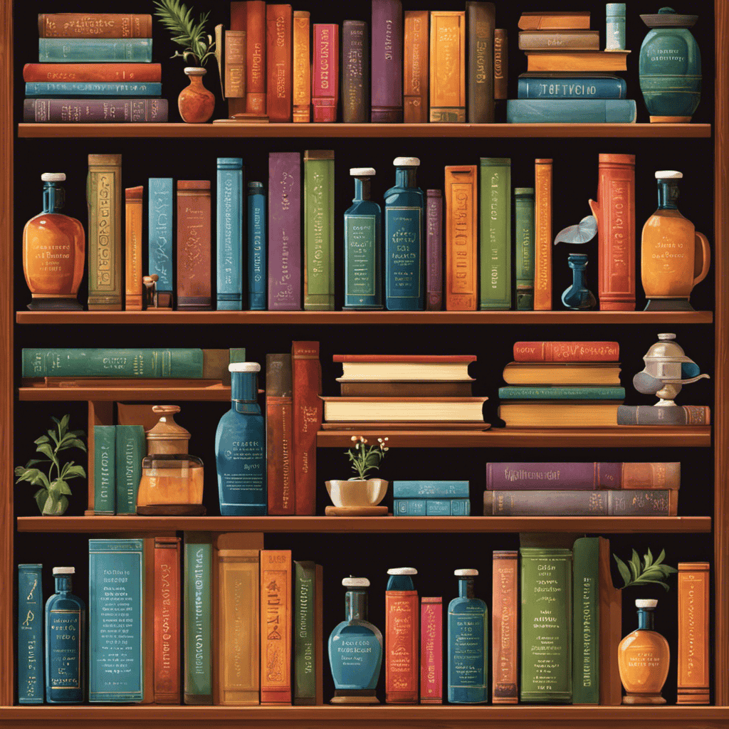 An image showcasing a well-organized bookshelf featuring a diverse collection of scientifically-backed books on aromatherapy, with titles such as "The Science of Aromatherapy" and "Essential Oils: Facts and Myths
