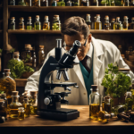 An image showcasing a scientist peering through a microscope, surrounded by captivating aromas emanating from essential oil bottles, while a phishing hook dangles ominously nearby, symbolizing the exploration of science's stance on aromatherapy phishing
