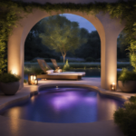 An image of a serene spa setting, with soft, diffused lighting casting a gentle glow on a tranquil pool surrounded by lush greenery
