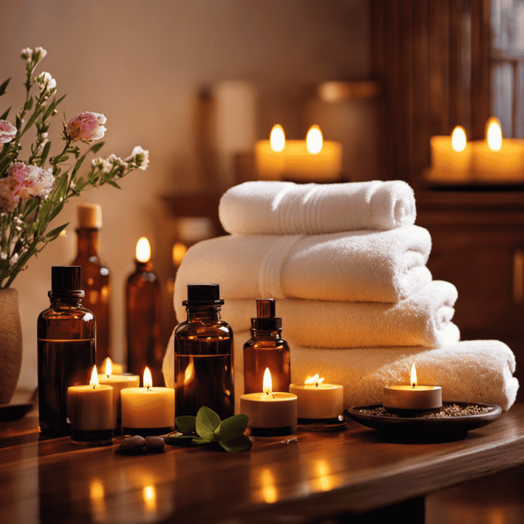 An image of a serene spa room with soft candlelight flickering in the background, showcasing a beautifully arranged assortment of essential oils, flowers, and aromatic massage oils, inviting readers to explore the concept of massage aromatherapy