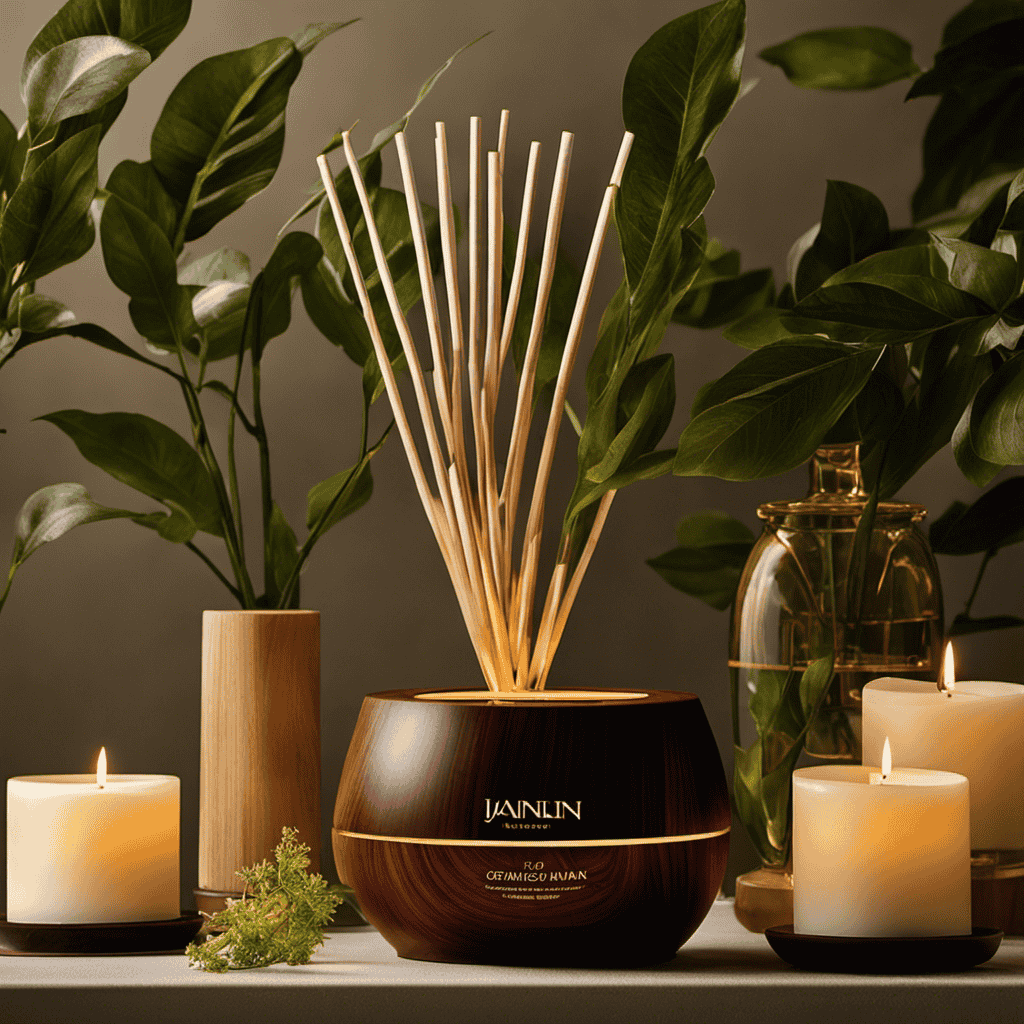 An image that showcases a serene spa-like atmosphere: a sleek wooden diffuser dispersing delicate tendrils of fragrant jasmine oil, intertwining with soft candlelight and lush greenery, inducing a sense of tranquility and relaxation