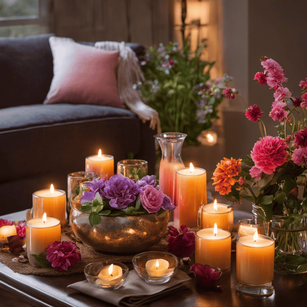 An image of a cozy living room adorned with flickering scented candles, diffusers emitting delicate mists, and bowls filled with vibrant flower petals