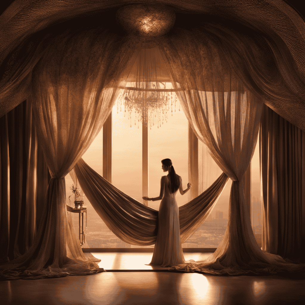 An image of a serene, dimly lit room adorned with soft, flowing curtains