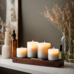 An image showcasing an inviting, serene setting with a wooden shelf adorned with various essential oil bottles, a flickering scented candle, and a delicate ceramic diffuser emitting fragrant mist