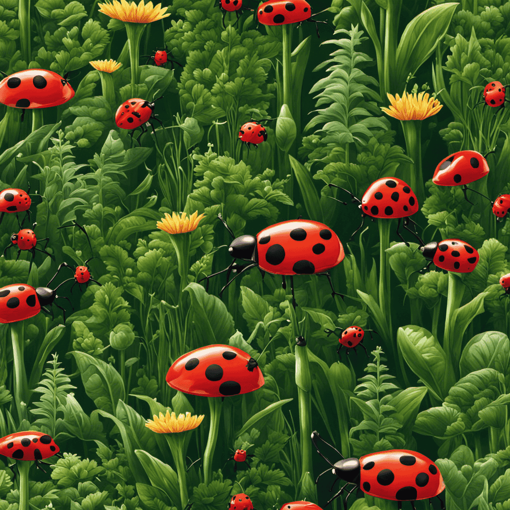 An image showcasing a vibrant garden scene with lush green plants infested by tiny red bugs