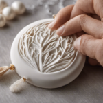 An image showcasing a close-up shot of an artist's hands gently molding a delicate pendant from smooth, white porcelain clay