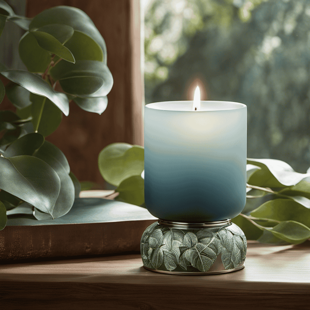An image showcasing a serene setting with a diffuser gently emitting aromatic eucalyptus vapor
