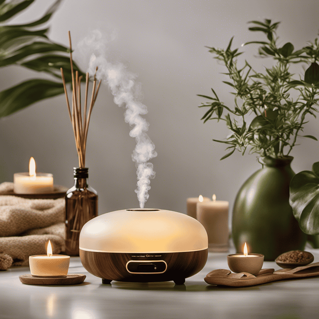 An image showcasing a serene spa setting with soft, diffused lighting and a tranquil aroma diffuser