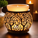An image showcasing a beautifully designed wax aromatherapy warmer, adorned with a delicate floral pattern, emanating a soft, warm glow