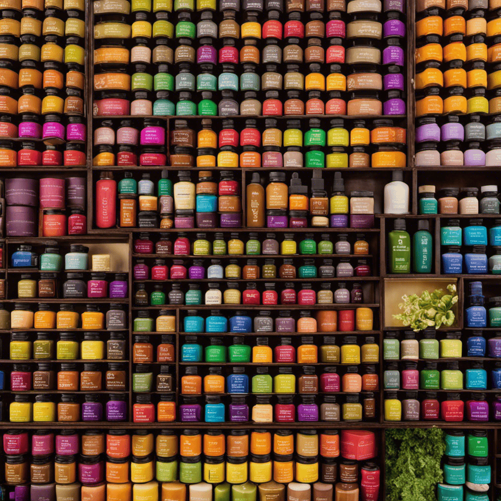 An image showcasing a vibrant display of various aromatherapy essential oils, neatly arranged in rows, illuminating the diverse range of scents and colors that contributed to the total sales of these products in 2017