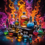 An image depicting a laboratory setting with a glass beaker filled with methamphetamine and surrounded by various aromatherapy oils, emitting vibrant colors and swirling patterns, illustrating the potential consequences of their combination