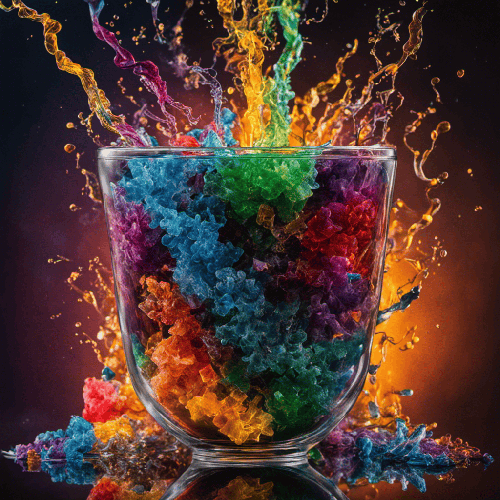 An image showcasing a shattered glass beaker containing a vibrant mix of colorful aromatherapy oils, swirling and intertwining with sinister wisps of toxic fumes, symbolizing the potential disastrous outcome of using these oils in meth production