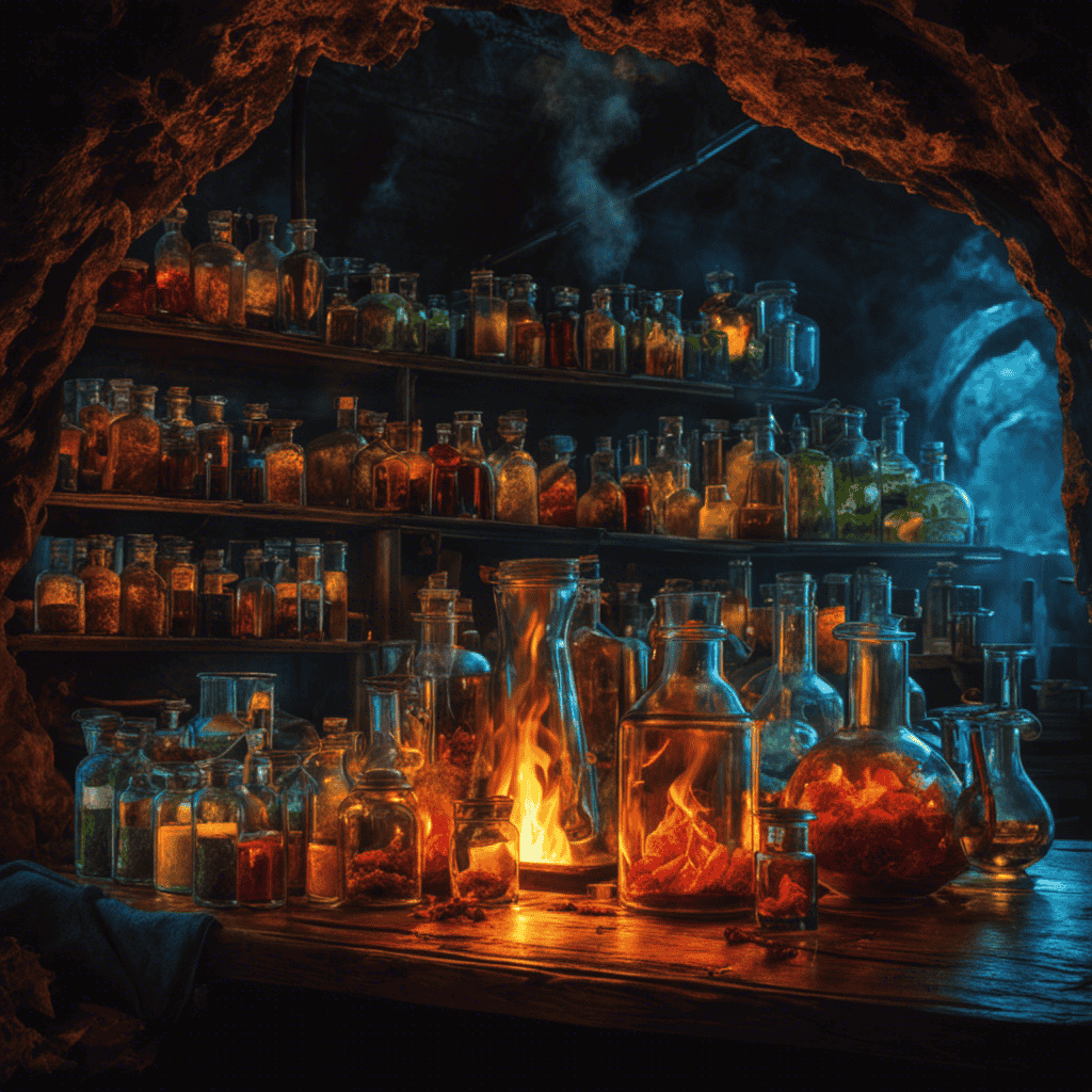 An image depicting a dimly lit underground laboratory with glass beakers filled with vibrant aromatherapy oils boiling over open flames, while sinister figures clad in protective gear carefully extract and transform the oils into methamphetamine